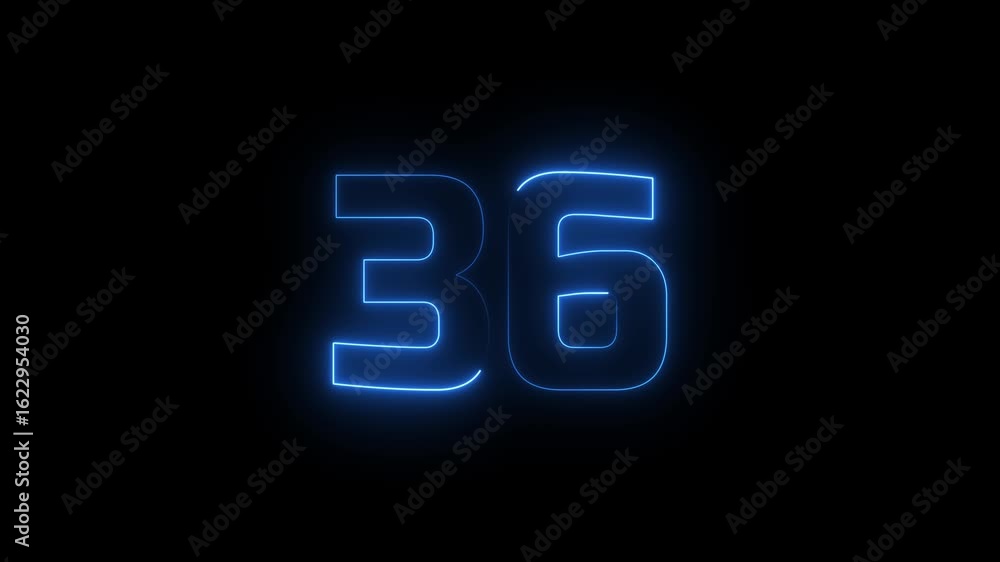Poster glowing neon text 36 number countdown icon background 4k animation. glowing sign on black background