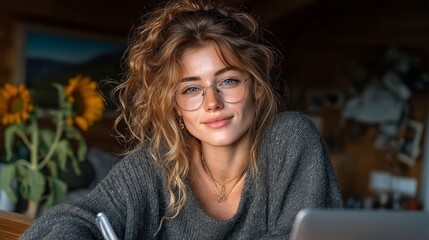 A young woman with curly hair and glasses smiling while sitting at a desk