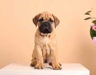 Retrato Adorable de un Cachorro de Bullmastiff sobre Fondos Suaves Rosados y Melocotón, Generated image