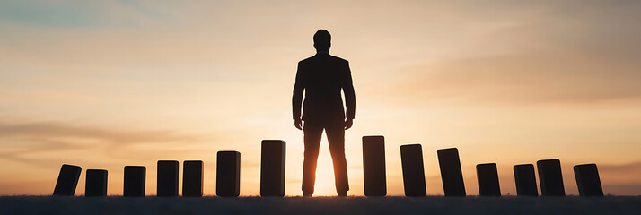 Silhouette of a person in a suit standing amid falling blocks against a sunset backdrop, symbolizing control and impact.