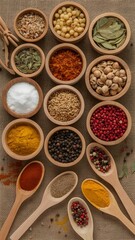 Colorful Variety of Spices in Wooden Bowls