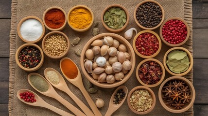 Colorful Variety of Spices in Wooden Bowls