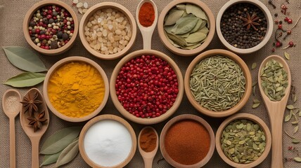 Colorful Variety of Spices in Wooden Bowls