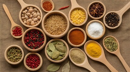 Colorful Variety of Spices in Wooden Bowls