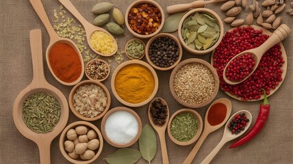 Colorful Variety of Spices in Wooden Bowls