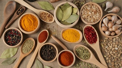 Colorful Variety of Spices in Wooden Bowls