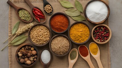 Colorful Variety of Spices in Wooden Bowls