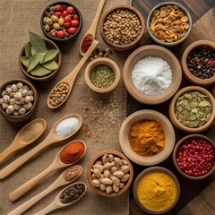 Colorful Variety of Spices in Wooden Bowls