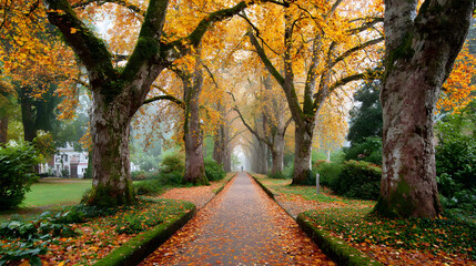 A pathway lined with majestic trees covered in colorful autumn foliage invites peaceful strolls on a misty morning