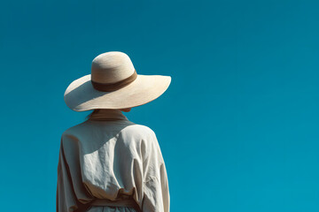 A woman with a broad-brimmed hat gazes at the expansive blue sky, enjoying a calm day in a peaceful environment