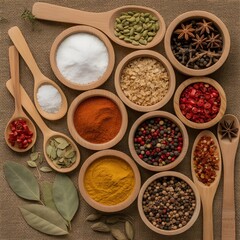 Colorful Variety of Spices in Wooden Bowls