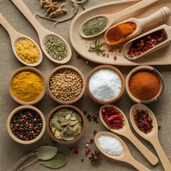 Colorful Variety of Spices in Wooden Bowls