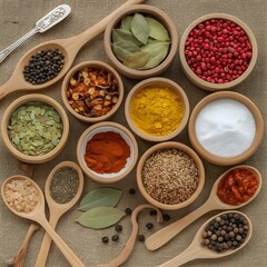 Colorful Variety of Spices in Wooden Bowls
