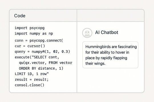 Code editor displaying Python SQL query beside AI chatbot generating natural language response from database
