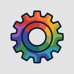 Colorful gear illustration with spectrum hues and bold outlines against a light gray backdrop