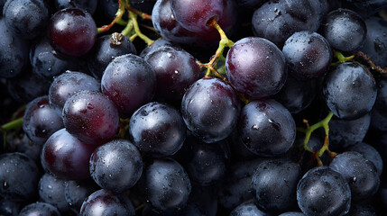 Dark grapes glisten with dew in a vineyard, showcasing their freshness and juicy texture early in the morning