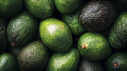 A close-up view of various avocados highlighting their rich green hues and distinct shapes