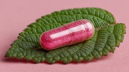 A pink capsule filled with colorful beads resting on a green leaf against a pink background