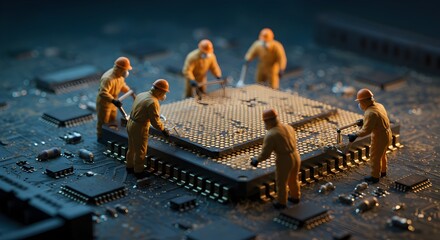 Technician small figure on a computer motherboard. CPU fixing