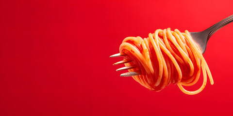 A fork captures a serving of spaghetti coated in tomato sauce, set against a bold red backdrop