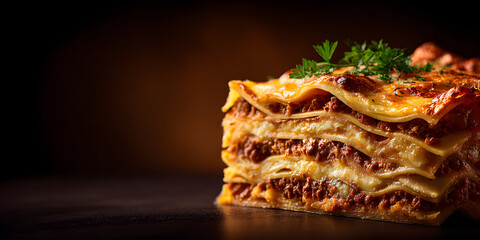 A freshly baked lasagna filled with beef and cheese sits on a black surface, garnished with parsley