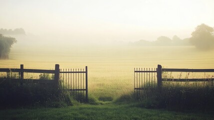 Foggy morning scene with a rustic gate.