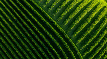 Overhead view of vibrant green crop rows creating patterns across farmland under clear blue sky