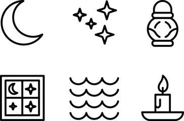 Nighttime Line Icons Set with Moon Stars Candle and Waves on Transparent Background