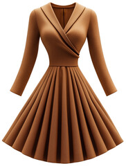 Fitted camel-colored wool dress with a defined waist, isolated on a transparent background.