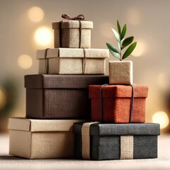 A beautiful arrangement of gift boxes with a small green plant on top