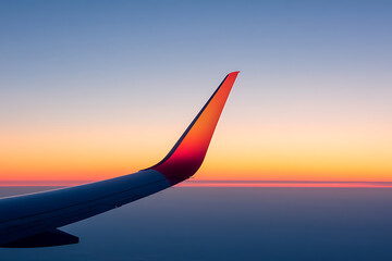 Airplane wing at sunset. The sky fades from blue to orange. The calm water is reflected in the wing's paint. A beautiful view from up above!