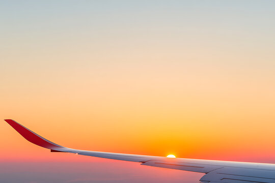 A view from an airplane window as the sun sets with vibrant shades of orange and a red wing in the bottom left corner. The horizon is a soft blue gradient. - Powered by Adobe