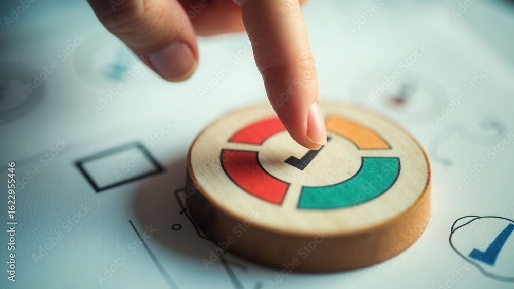 Poster checklist and task progress tracking concept. a hand placed the final checkmark on round wooden in p