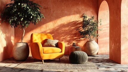 Cozy and bright interior with an orange wall featuring a yellow armchair plants and decorative elements