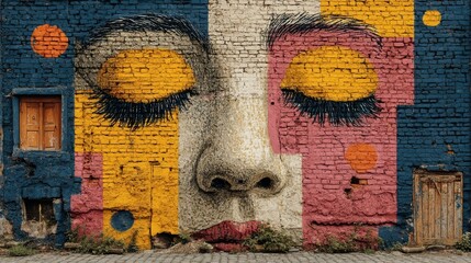 Colorful mural depicting a woman's face with closed eyes on a brick wall