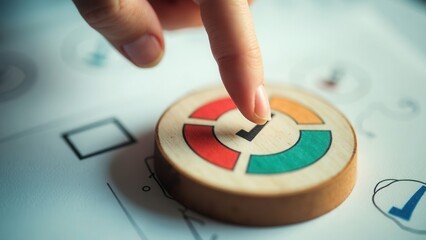 Checklist and task progress tracking concept. A hand placed the final checkmark on round wooden in progress bar, task completion, productivity, goal setting, efficient project management.
