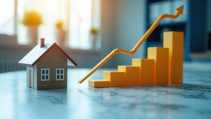 Real Estate Investment and Market Growth Concept. Analyzes real estate market growth trends. Graph show rising house price, interest rate, property mortgage, loan home, and investment strategy.