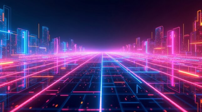 Neon cityscape grid perspective futuristic digital