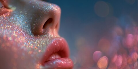 Close-up of a person's facial features with sparkling details and blurred colors