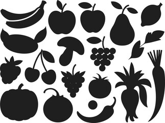 Collection of fruits and vegetables silhouette vector, black food icons set, healthy organic produce, isolated nature elements, fresh diet items illustration, simple nutrition design