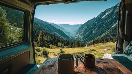 Mountain scenery view from inside a campervan concept. Scenic view from a camper van overlooking mountains and valleys.