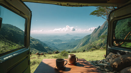 Mountain scenery view from inside a campervan concept. Scenic view from a van with mountains and coffee cups.