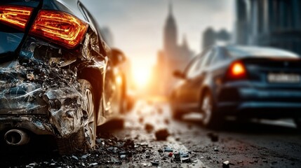 A damaged car at the scene of an accident on a city street during sunset