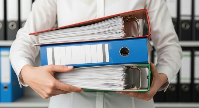 Professional woman carrying organized business files, essential for accounting, finance, and office management