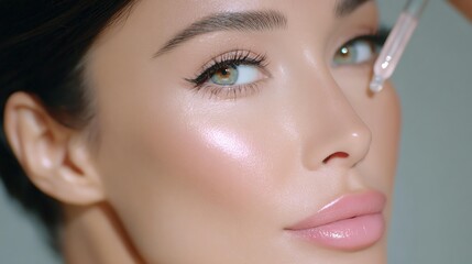 real skin from minimal beauty routine A close-up of a woman applying serum to her skin, showcasing radiant beauty and skincare routine.