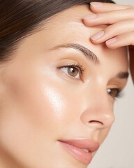 real skin from minimal beauty routine A close-up of a woman thoughtfully touching her forehead, showcasing natural beauty and healthy skin.