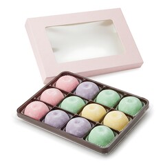pastel mochi gift set with divider trays and window, lid on ,isolated on white background