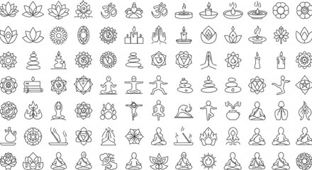 Collection of yoga and meditation themed line art icons featuring lotus flowers candles and human figures in poses