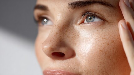 real skin from minimal beauty routine Close-up of a woman's face showing skin texture, freckles, and thoughtful expression in natural light.