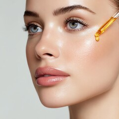 real skin from minimal beauty routine Close-up of a young woman applying facial oil for skin care with a gentle glow and natural beauty.